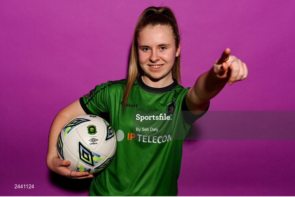 23 February 2023; Rachel McGrath poses for a portrait during a Peamount United squad portrait session at PRL Park in Greenogue, Dublin. Photo by Seb Daly/Sportsfile