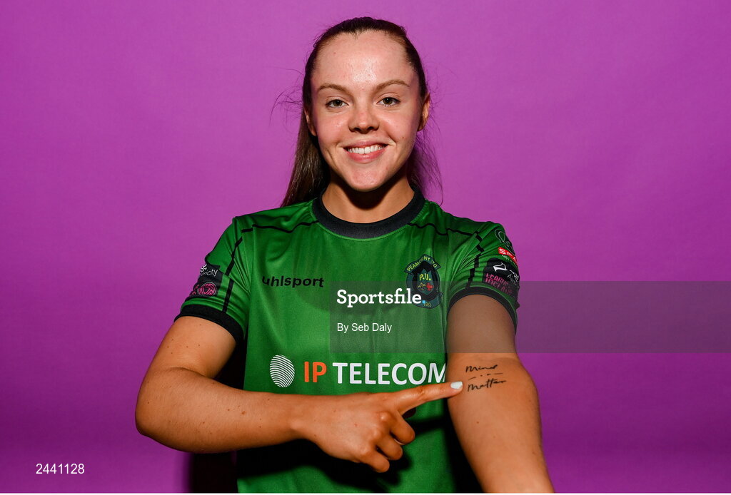23 February 2023; Carla McManus poses for a portrait during a Peamount United squad portrait session at PRL Park in Greenogue, Dublin. Photo by Seb Daly/Sportsfile