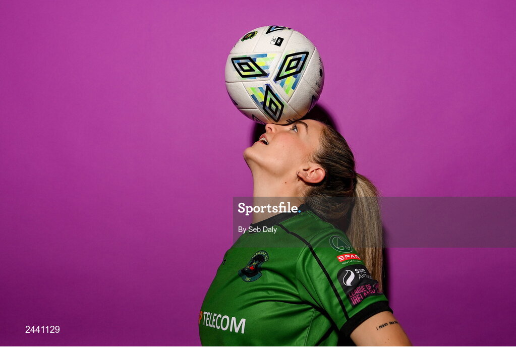 23 February 2023; Avril Brierley poses for a portrait during a Peamount United squad portrait session at PRL Park in Greenogue, Dublin. Photo by Seb Daly/Sportsfile