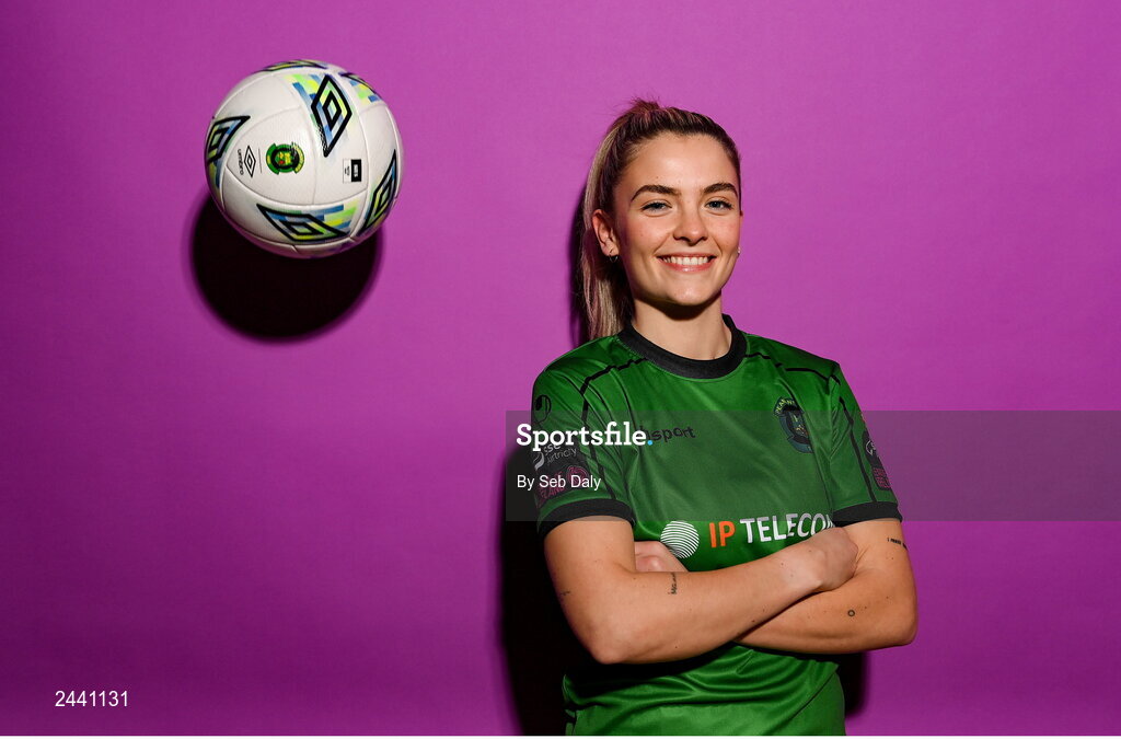 23 February 2023; Avril Brierley poses for a portrait during a Peamount United squad portrait session at PRL Park in Greenogue, Dublin. Photo by Seb Daly/Sportsfile