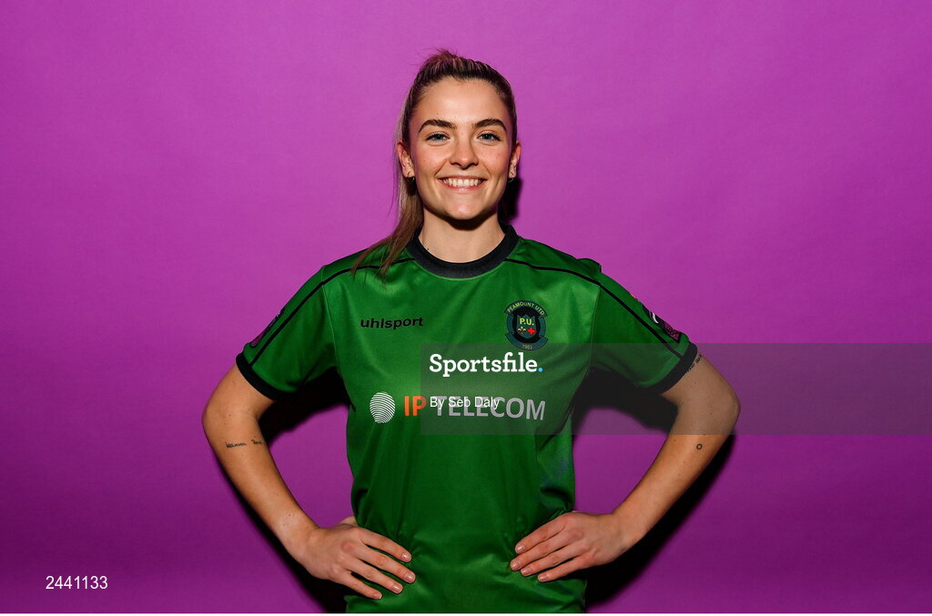 23 February 2023; Avril Brierley poses for a portrait during a Peamount United squad portrait session at PRL Park in Greenogue, Dublin. Photo by Seb Daly/Sportsfile