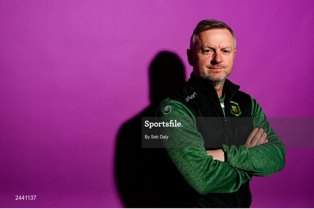 23 February 2023; Manager James O'Callaghan poses for a portrait during a Peamount United squad portrait session at PRL Park in Greenogue, Dublin. Photo by Seb Daly/Sportsfile