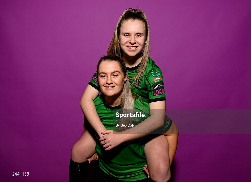 23 February 2023; Louise Masterson and Rachel McGrath pose for a portrait during a Peamount United squad portrait session at PRL Park in Greenogue, Dublin. Photo by Seb Daly/Sportsfile