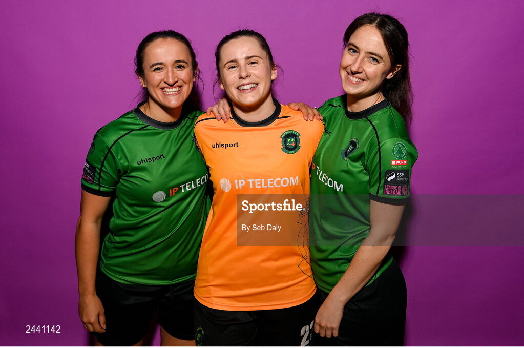 23 February 2023; Peamount United players, from left, Dora Gorman, Niamh Reid Burke and Karen Duggan pose for a portrait during a Peamount United squad portrait session at PRL Park in Greenogue, Dublin. Photo by Seb Daly/Sportsfile