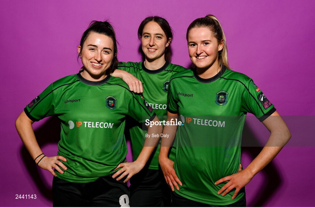 23 February 2023; Peamount United players, from left, Sadhbh Doyle, Karen Duggan and Erin McLaughlin pose for a portrait during a Peamount United squad portrait session at PRL Park in Greenogue, Dublin. Photo by Seb Daly/Sportsfile