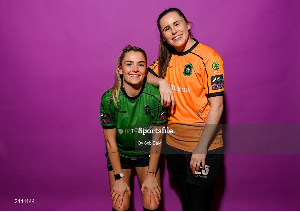 23 February 2023; Avril Brierley and Niamh Reid Burke pose for a portrait during a Peamount United squad portrait session at PRL Park in Greenogue, Dublin. Photo by Seb Daly/Sportsfile