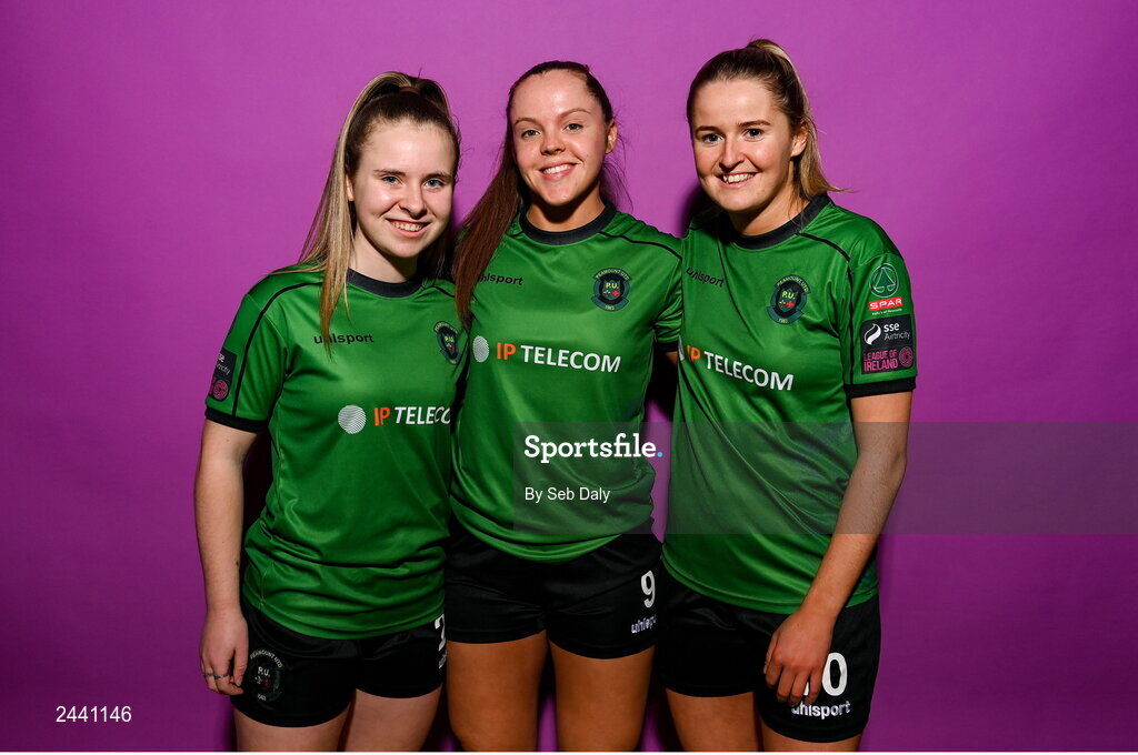 23 February 2023; Peamount United players, from left, Rachel McGrath, Carla McManus and Erin McLaughlin pose for a portrait during a Peamount United squad portrait session at PRL Park in Greenogue, Dublin. Photo by Seb Daly/Sportsfile
