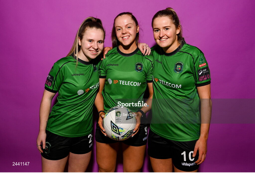 23 February 2023; Peamount United players, from left, Rachel McGrath, Carla McManus and Erin McLaughlin pose for a portrait during a Peamount United squad portrait session at PRL Park in Greenogue, Dublin. Photo by Seb Daly/Sportsfile