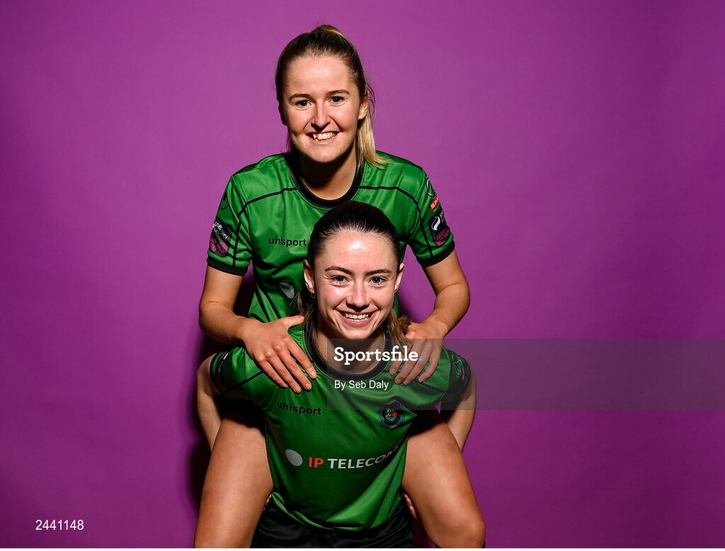 23 February 2023; Erin McLaughlin and Lauryn O’Callaghan pose for a portrait during a Peamount United squad portrait session at PRL Park in Greenogue, Dublin. Photo by Seb Daly/Sportsfile