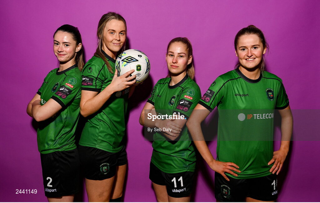 23 February 2023; Peamount United players, from left, Lauryn O’Callaghan, Chloe Moloney, Tara O’Hanlon and Erin McLaughlin pose for a portrait during a Peamount United squad portrait session at PRL Park in Greenogue, Dublin. Photo by Seb Daly/Sportsfile