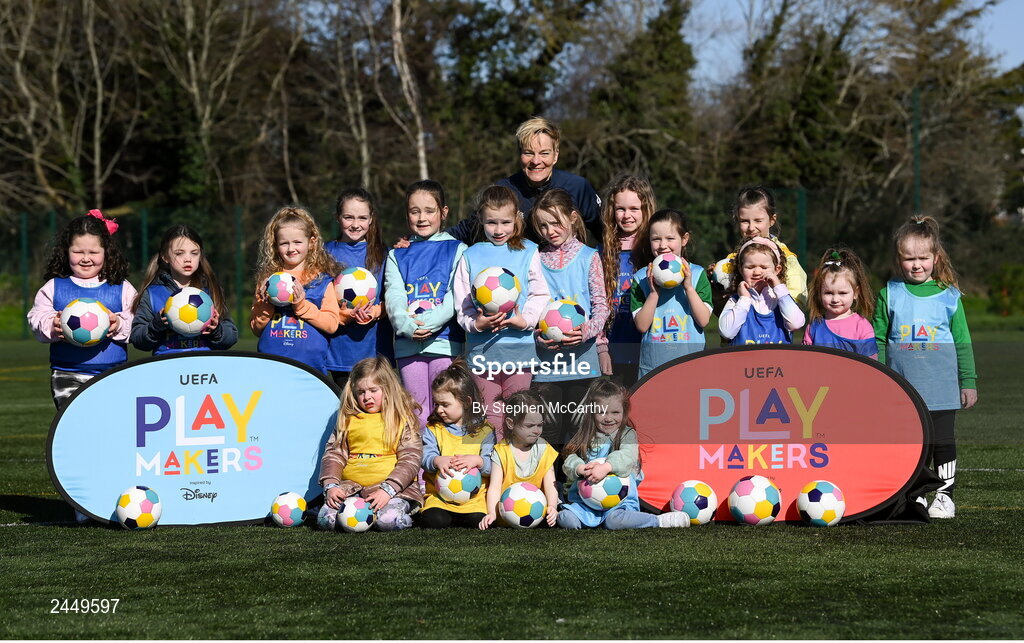 7 March 2023; Republic of Ireland Women's manager Vera Pauw with Hartstown Huntstown FC players at the launch of UEFA Disney Playmakers 2023 at Hartstown Huntstown Football Club in Dublin. Photo by Stephen McCarthy/Sportsfile