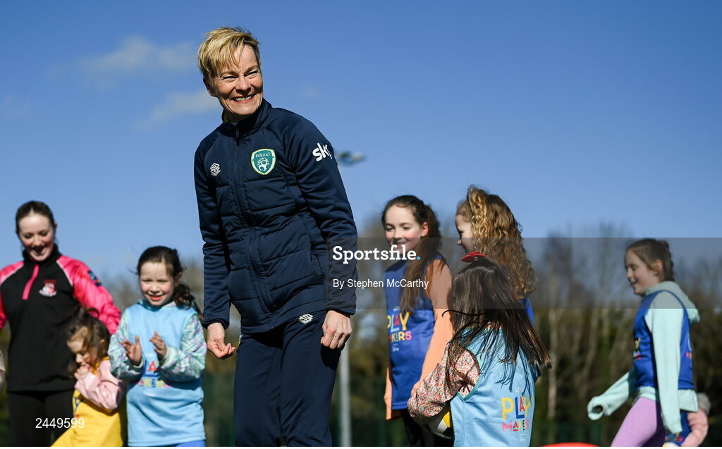 7 March 2023; Republic of Ireland Women's manager Vera Pauw at the launch of UEFA Disney Playmakers 2023 at Hartstown Huntstown Football Club in Dublin. Photo by Stephen McCarthy/Sportsfile