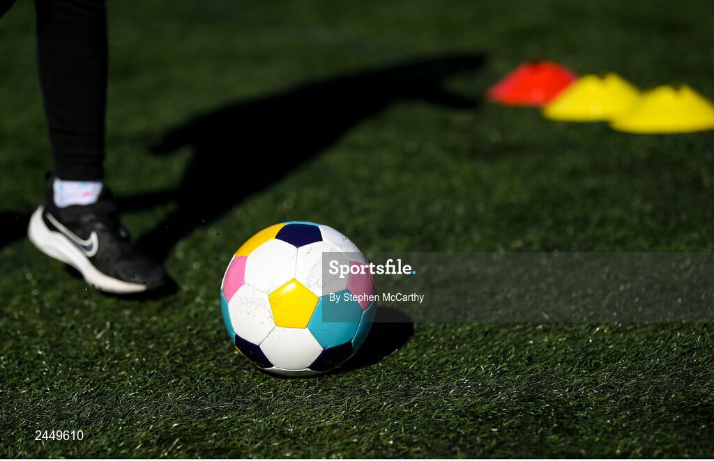 7 March 2023; A general view of a football at the launch of UEFA Disney Playmakers 2023 at Hartstown Huntstown Football Club in Dublin. Photo by Stephen McCarthy/Sportsfile
