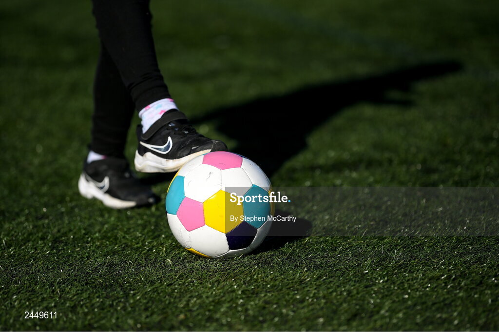 7 March 2023; A general view of a football at the launch of UEFA Disney Playmakers 2023 at Hartstown Huntstown Football Club in Dublin. Photo by Stephen McCarthy/Sportsfile