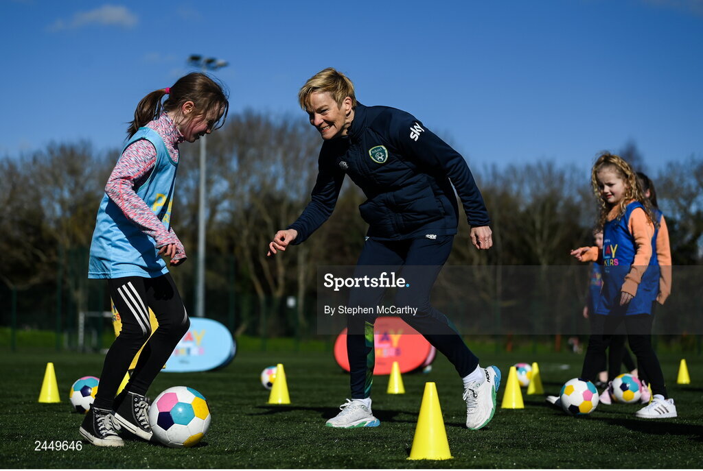 7 March 2023; Alice Dennehy and Republic of Ireland Women's manager Vera Pauw at the launch of UEFA Disney Playmakers 2023 at Hartstown Huntstown Football Club in Dublin. Photo by Stephen McCarthy/Sportsfile