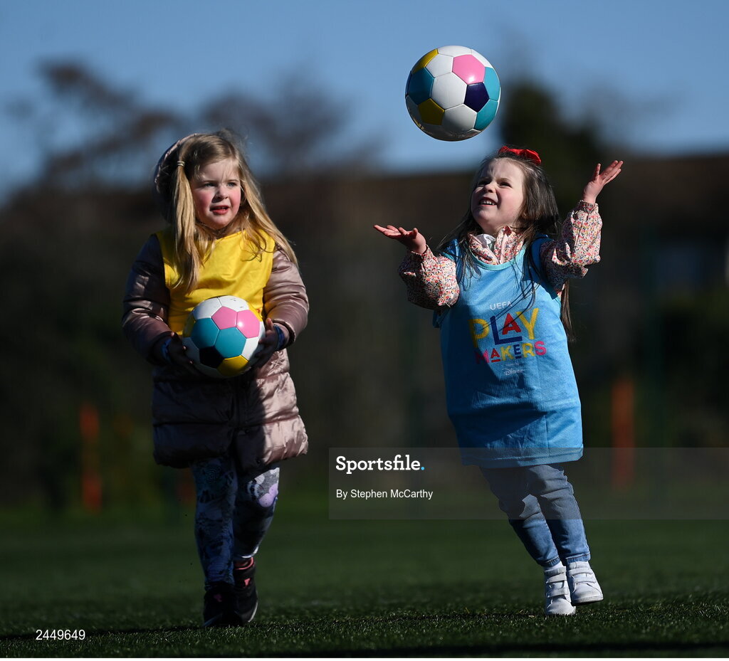 7 March 2023; Freya McQuillan, right, and Rosie McGurk at the launch of UEFA Disney Playmakers 2023 at Hartstown Huntstown Football Club in Dublin. Photo by Stephen McCarthy/Sportsfile
