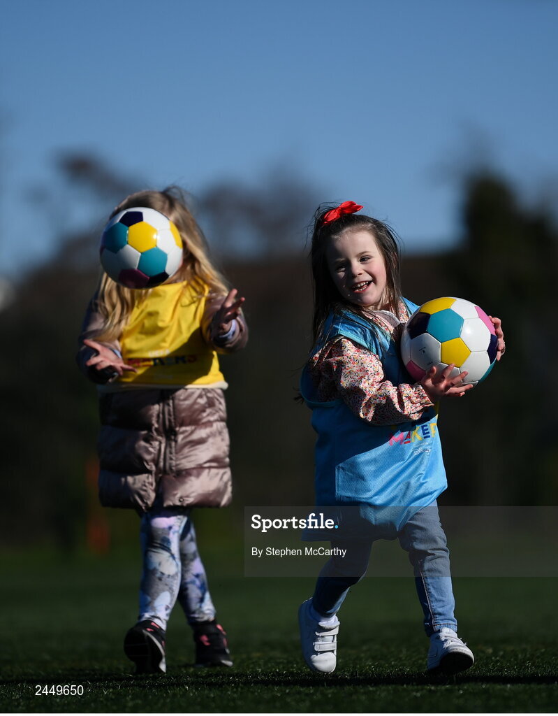 7 March 2023; Freya McQuillan, right, and Rosie McGurk at the launch of UEFA Disney Playmakers 2023 at Hartstown Huntstown Football Club in Dublin. Photo by Stephen McCarthy/Sportsfile