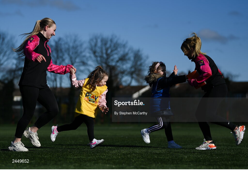 7 March 2023; Coaches Chloe Lawless, left, and Amy Holmes with Fiadh Long, left, and Lucy Doyle at the launch of UEFA Disney Playmakers 2023 at Hartstown Huntstown Football Club in Dublin. Photo by Stephen McCarthy/Sportsfile