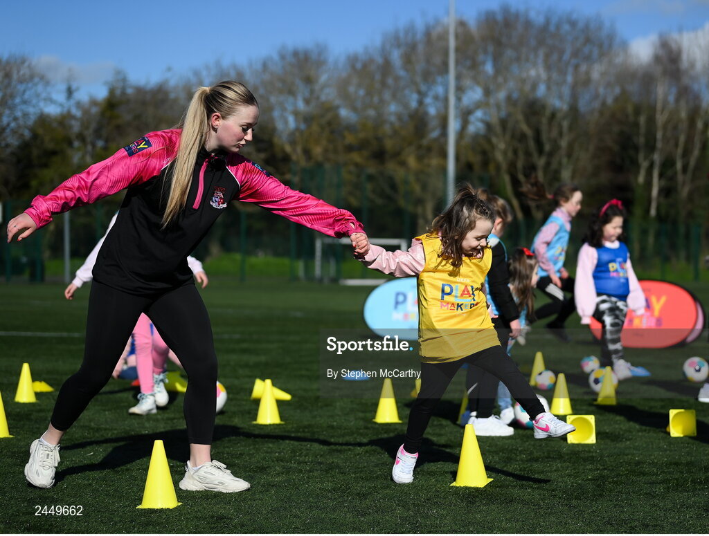 7 March 2023; Coach Chloe Lawless and Fiadh Long at the launch of UEFA Disney Playmakers 2023 at Hartstown Huntstown Football Club in Dublin. Photo by Stephen McCarthy/Sportsfile