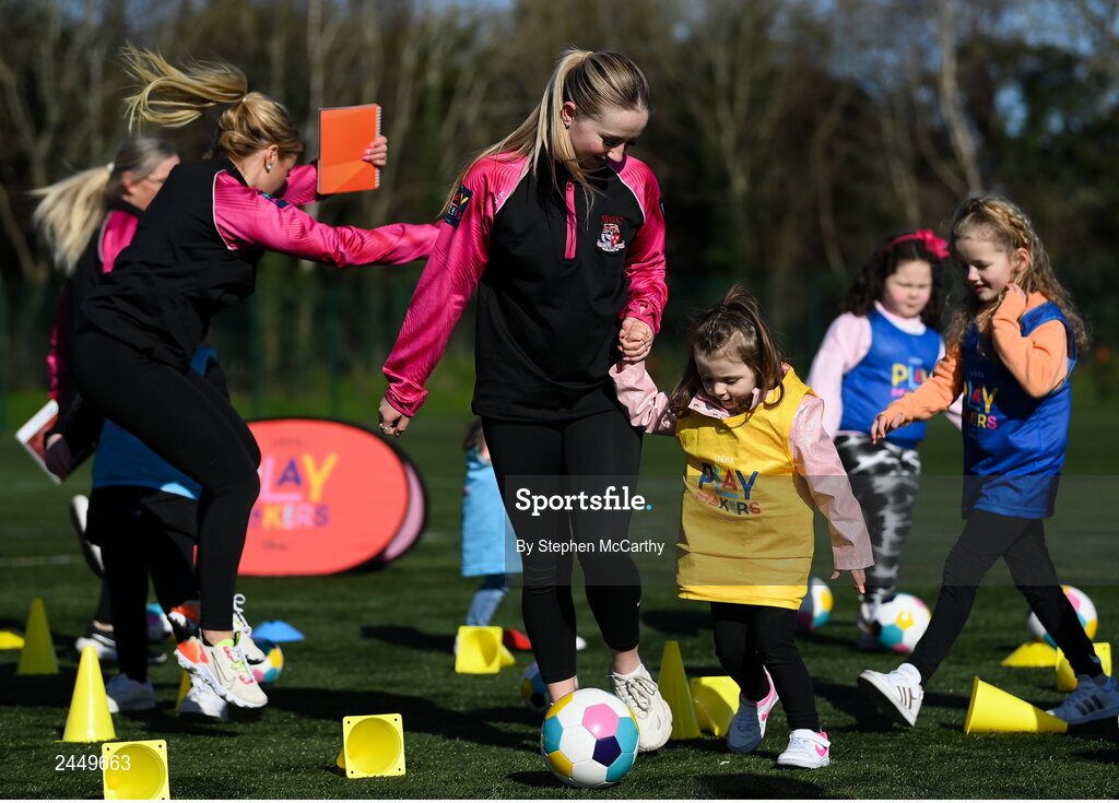 7 March 2023; Coach Chloe Lawless and Fiadh Long at the launch of UEFA Disney Playmakers 2023 at Hartstown Huntstown Football Club in Dublin. Photo by Stephen McCarthy/Sportsfile