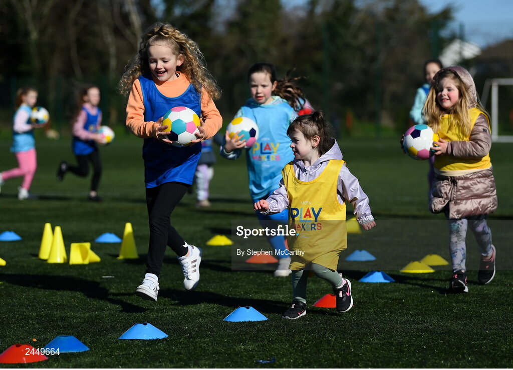 7 March 2023; Madison Mooney, left, and Mia Smith at the launch of UEFA Disney Playmakers 2023 at Hartstown Huntstown Football Club in Dublin. Photo by Stephen McCarthy/Sportsfile