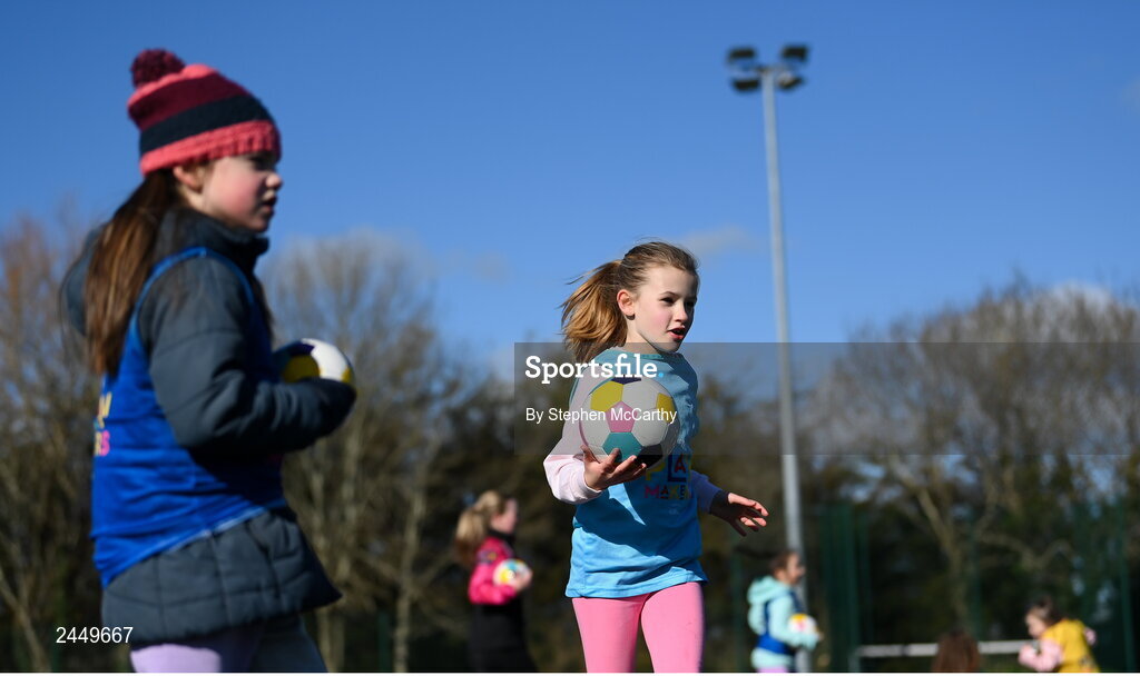 7 March 2023; Isabelle Johnson and Ila McCabe, left, at the launch of UEFA Disney Playmakers 2023 at Hartstown Huntstown Football Club in Dublin. Photo by Stephen McCarthy/Sportsfile