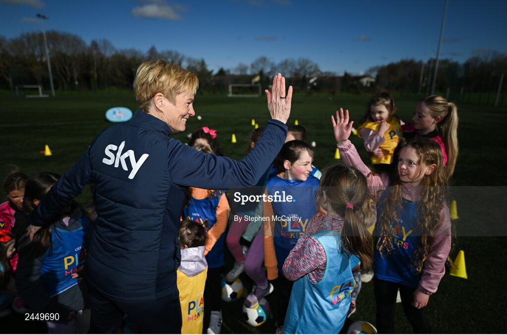 7 March 2023; Republic of Ireland Women's manager Vera Pauw meets Hartstown Huntstown FC players at the launch of UEFA Disney Playmakers 2023 at Hartstown Huntstown Football Club in Dublin. Photo by Stephen McCarthy/Sportsfile