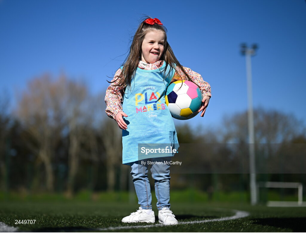 7 March 2023; Freya McQuillan at the launch of UEFA Disney Playmakers 2023 at Hartstown Huntstown Football Club in Dublin. Photo by Stephen McCarthy/Sportsfile