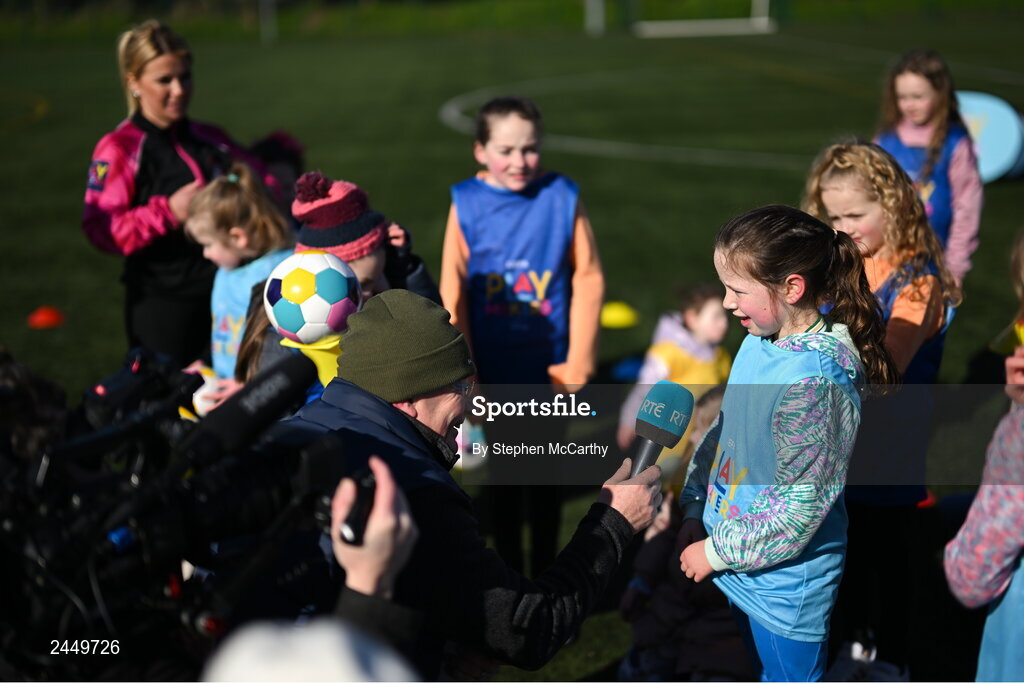 7 March 2023; Erin Saoirse Nolan is interviewed by RTÉ's Tony O'Donoghue at the launch of UEFA Disney Playmakers 2023 at Hartstown Huntstown Football Club in Dublin. Photo by Stephen McCarthy/Sportsfile