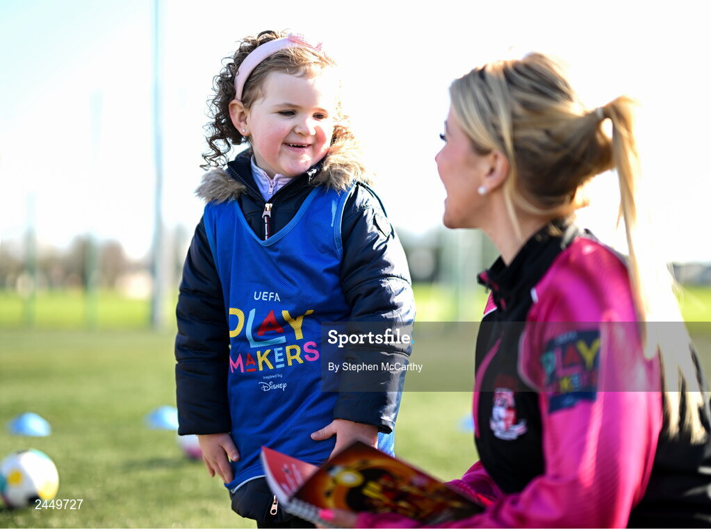 7 March 2023; Lucy Doyle with coach Amy Holmes at the launch of UEFA Disney Playmakers 2023 at Hartstown Huntstown Football Club in Dublin. Photo by Stephen McCarthy/Sportsfile