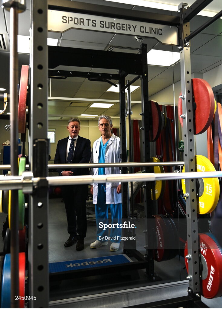 13 March 2023; UPMC announced today that it has formally acquired the renowned Sports Surgery Clinic (SSC) in Dublin, following approval by the Competition and Consumer Protection Commission (CCPC). SSC now becomes UPMC’s fourth hospital in Ireland, joining UPMC Whitfield in Waterford, UPMC Kildare in Clane and UPMC Aut Even in Kilkenny, along with sports medicine, cancer and outreach facilities across Ireland. Pictured are Eamonn Fitzgerald, Managing Director, UPMC Ireland, left, and Mr Ray Moran, Founder, Sports Surgery Clinic. Photo by David Fitzgerald/Sportsfile