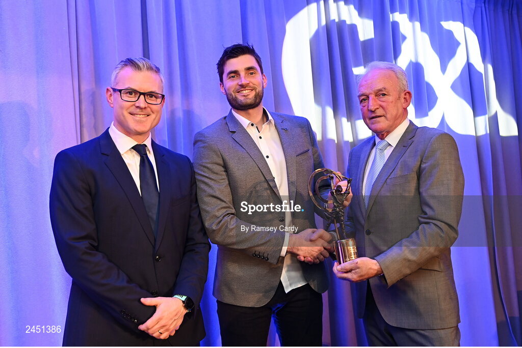 10 March 2023; Stephen O’Keeffe of Ballygunner is presented with his AIB GAA Hurling Club Team of The Year award by GAA Vice President John Murphy, right, and AIB CMO Mark Doyle, at the AIB Club Players Awards at Croke Park in Dublin. Photo by Ramsey Cardy/Sportsfile