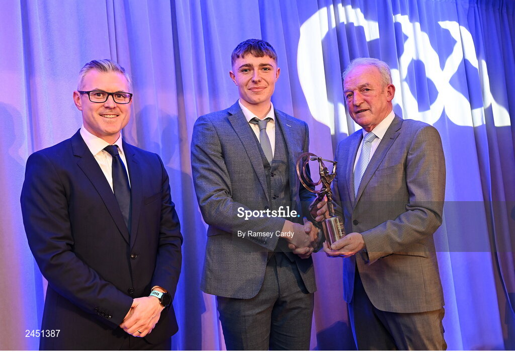 10 March 2023; Killian Corcoran of Shamrocks Ballyhale is presented with his AIB GAA Hurling Club Team of The Year award by GAA Vice President John Murphy, right, and AIB CMO Mark Doyle, at the AIB Club Players Awards at Croke Park in Dublin. Photo by Ramsey Cardy/Sportsfile