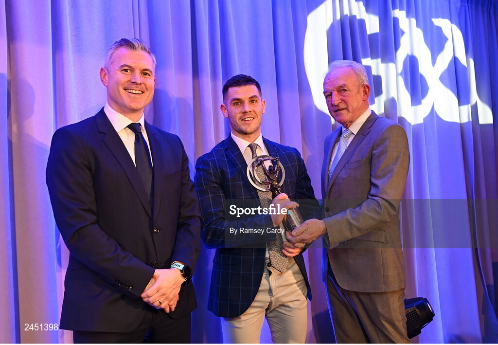 10 March 2023; Conor Sheahan of Ballygunner is presented with his AIB GAA Hurling Club Team of The Year award by GAA Vice President John Murphy, right, and AIB CMO Mark Doyle, at the AIB Club Players Awards at Croke Park in Dublin. Photo by Ramsey Cardy/Sportsfile