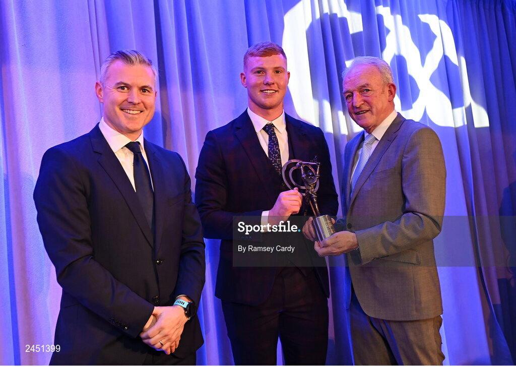 10 March 2023; Adrian Mullen of Shamrocks Ballyhale is presented with his AIB GAA Hurling Club Team of The Year award by GAA Vice President John Murphy, right, and AIB CMO Mark Doyle, at the AIB Club Players Awards at Croke Park in Dublin. Photo by Ramsey Cardy/Sportsfile
