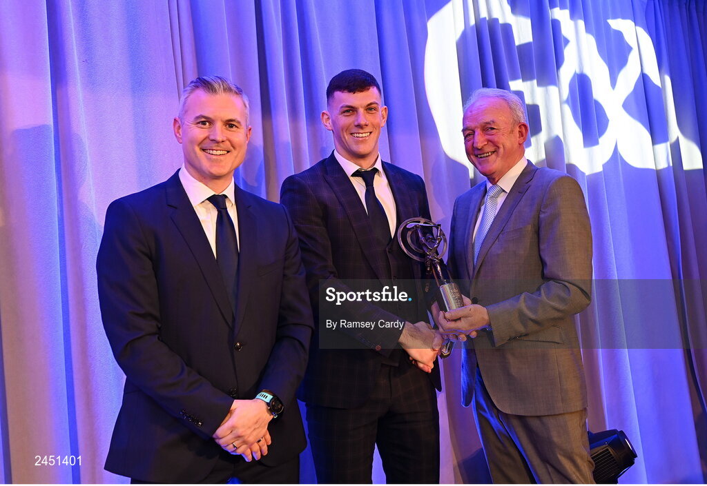 10 March 2023; Eoin Cody of Shamrocks Ballyhale is presented with his AIB GAA Hurling Club Team of The Year award by GAA Vice President John Murphy, right, and AIB CMO Mark Doyle, at the AIB Club Players Awards at Croke Park in Dublin. Photo by Ramsey Cardy/Sportsfile