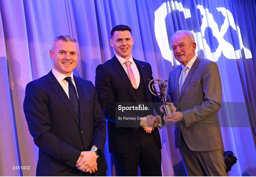 10 March 2023; TJ Reid of Shamrocks Ballyhale is presented with his AIB GAA Hurling Club Team of The Year award by GAA Vice President John Murphy, right, and AIB CMO Mark Doyle, at the AIB Club Players Awards at Croke Park in Dublin. Photo by Ramsey Cardy/Sportsfile