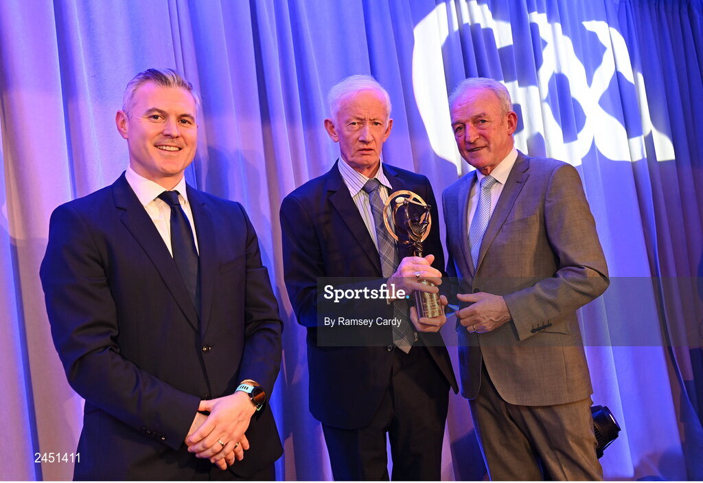 10 March 2023; Michael Fennelly, father of Colin Fennelly of Shamrocks Ballyhale, collects the AIB GAA Hurling Club Team of The Year award on his behalf from GAA Vice President John Murphy, right, and AIB CMO Mark Doyle, at the AIB Club Players Awards at Croke Park in Dublin. Photo by Ramsey Cardy/Sportsfile