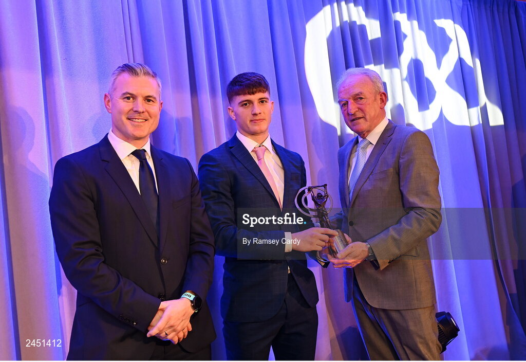 10 March 2023; Patrick Fitzgerald of Ballygunner is presented with his AIB GAA Hurling Club Team of The Year award by GAA Vice President John Murphy, right, and AIB CMO Mark Doyle, at the AIB Club Players Awards at Croke Park in Dublin. Photo by Ramsey Cardy/Sportsfile