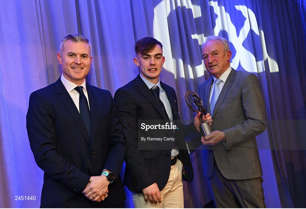 10 March 2023; Dan O’Brien of Kilmacud Crokes is presented with his AIB GAA Football Club Team of The Year award by GAA Vice President John Murphy, right, and AIB CMO Mark Doyle, at the AIB Club Players Awards at Croke Park in Dublin. Photo by Ramsey Cardy/Sportsfile
