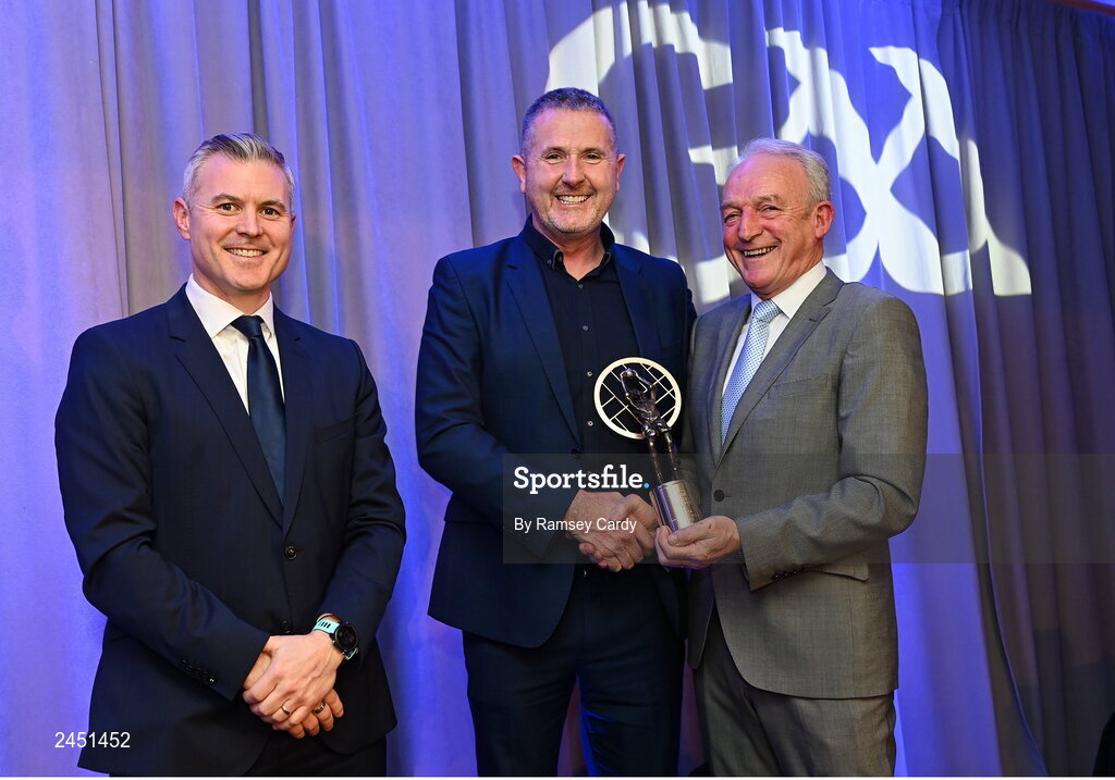 10 March 2023; Eddie Doherty, father of Jack Doherty of Watty Graham’s Glen, collects AIB GAA Football Club Team of The Year award on his behalf from GAA Vice President John Murphy, right, and AIB CMO Mark Doyle, at the AIB Club Players Awards at Croke Park in Dublin. Photo by Ramsey Cardy/Sportsfile