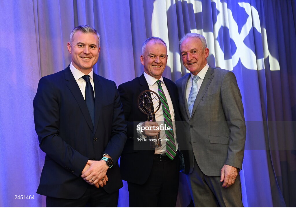 10 March 2023; Kilmacud Crokes football chairman Pat Horgan, collects the AIB GAA Football Club Team of The Year award on behalf of Rory O’Carroll of Kilmacud Crokes from GAA Vice President John Murphy, right, and AIB CMO Mark Doyle, at the AIB Club Players Awards at Croke Park in Dublin. Photo by Ramsey Cardy/Sportsfile