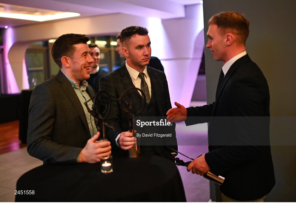10 March 2023; Dunloy Cúchullain's players Kevin Molloy, left, and Ryan McGarry with Ballygunner hurler Pauric Mahony at the AIB Club Players Awards at Croke Park in Dublin. Photo by David Fitzgerald/Sportsfile