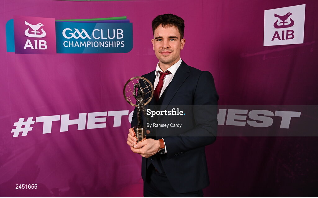 10 March 2023; Seán Kelly of Moycullen with his AIB GAA Football Club Team of The Year award at the AIB Club Players Awards at Croke Park in Dublin. Photo by Ramsey Cardy/Sportsfile