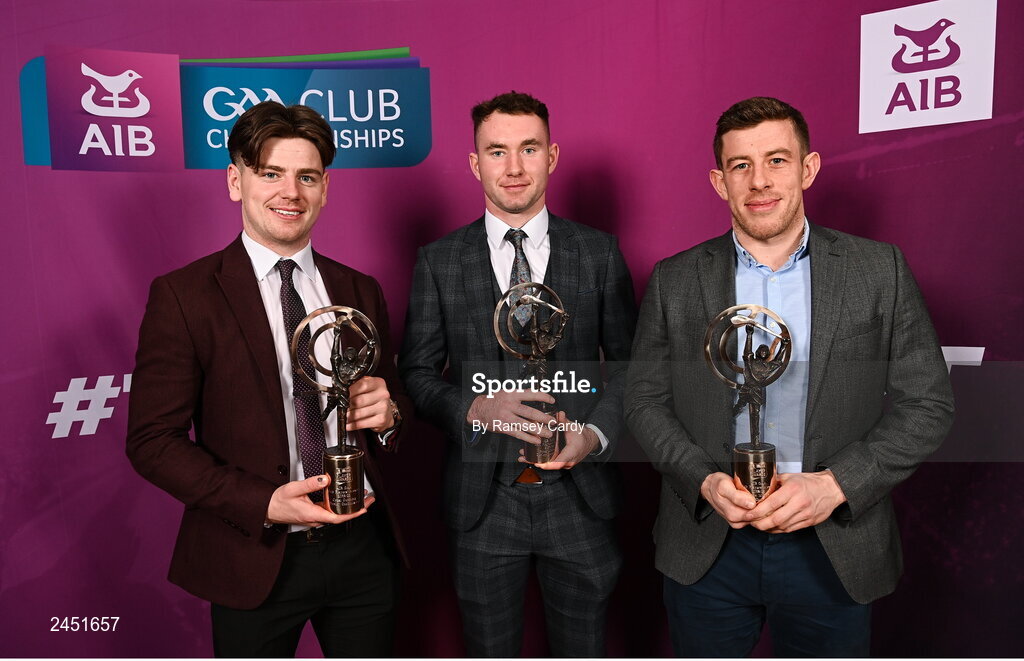 10 March 2023; Dunloy Cúchullain's players, from left, Conal Cunning, Ryan McGarry, and Kevin Molloy with their AIB GAA Hurling Club Team of The Year award at the AIB Club Players Awards at Croke Park in Dublin. Photo by Ramsey Cardy/Sportsfile