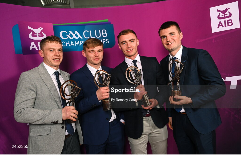 10 March 2023; Ballygunner players from the AIB GAA Hurling Club Team of The Year, from left, Philip, Mikey and Pauric Mahony, and Billy O'Keeffe, at the AIB Club Players Awards at Croke Park in Dublin. Photo by Ramsey Cardy/Sportsfile