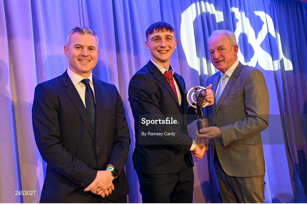 10 March 2023; Paddy Leavey of Ballygunner is presented with his 2022 AIB GAA Hurling Club Team of The Year award by AIB CMO Mark Doyle, left, and GAA Vice President John Murphy at the AIB Club Players Awards at Croke Park in Dublin. Photo by Ramsey Cardy/Sportsfile