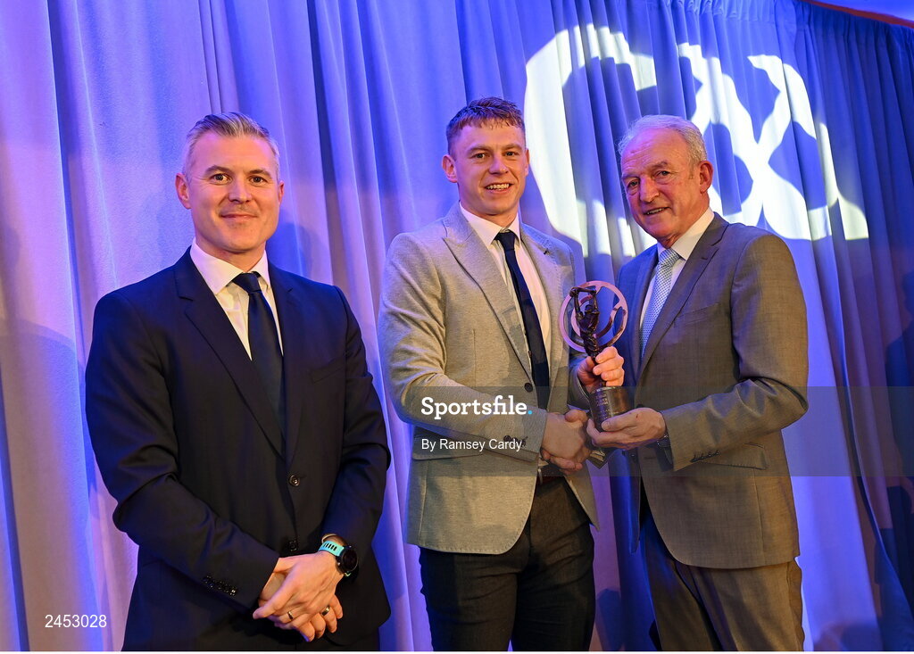 10 March 2023; Philip Mahony of Ballygunner is presented with his 2022 AIB GAA Hurling Club Team of The Year award by AIB CMO Mark Doyle, left, and GAA Vice President John Murphy at the AIB Club Players Awards at Croke Park in Dublin. Photo by Ramsey Cardy/Sportsfile