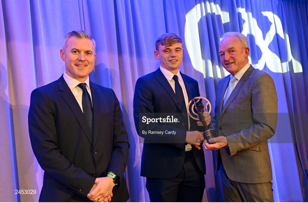 10 March 2023; Mikey Mahony of Ballygunner is presented with his 2022 AIB GAA Hurling Club Team of The Year award by AIB CMO Mark Doyle, left, and GAA Vice President John Murphy at the AIB Club Players Awards at Croke Park in Dublin. Photo by Ramsey Cardy/Sportsfile