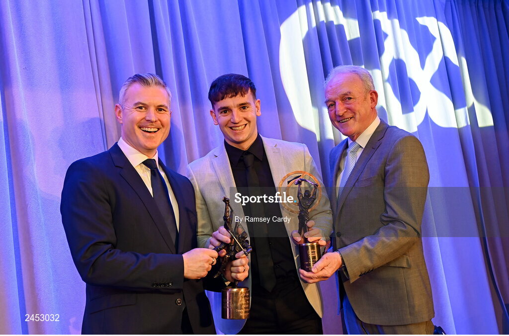 10 March 2023; Dessie Hutchinson of Ballygunner is presented with his 2022 AIB GAA Hurling Club Team of The Year award by AIB CMO Mark Doyle, left, and GAA Vice President John Murphy at the AIB Club Players Awards at Croke Park in Dublin. Photo by Ramsey Cardy/Sportsfile